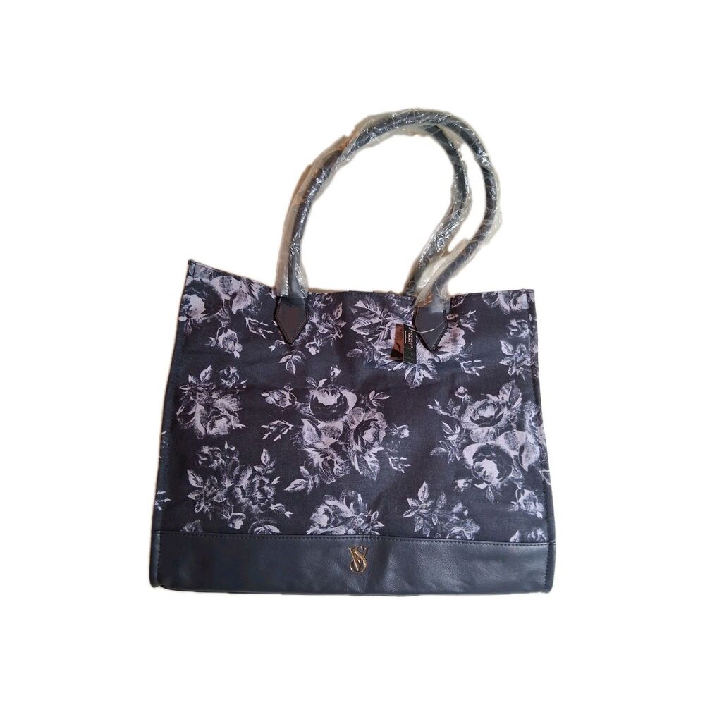 Victoria's Secret Floral Canvas Tote Bag Black Grey Rose Print Shoulder Bag‎ NEW